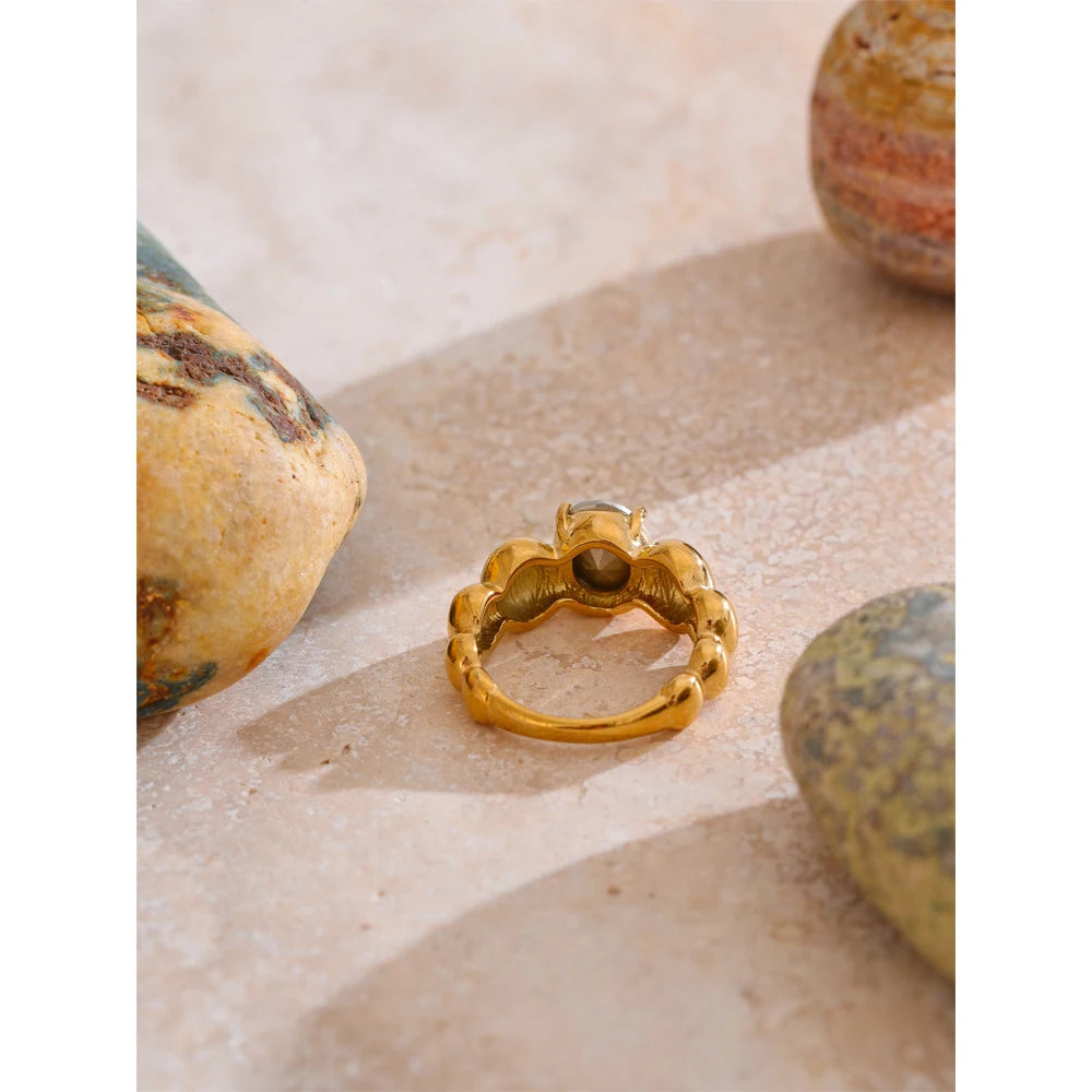 Gold Beaded Ring with Sky Blue Stone