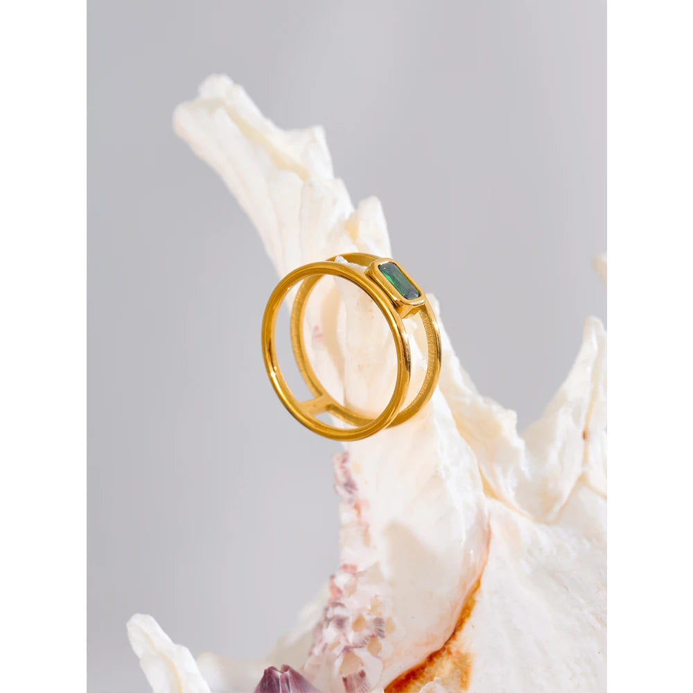 Gold Double Band Ring with Emerald Green Stone