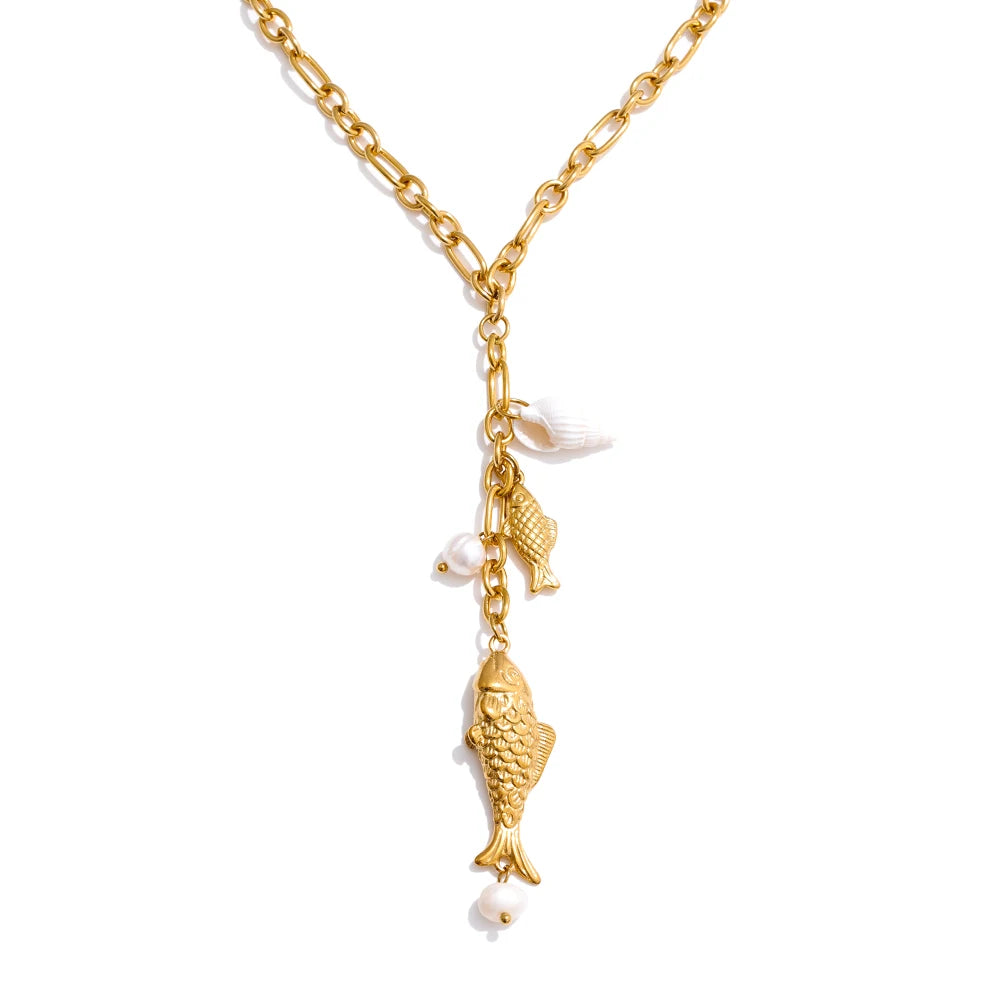 Gold Fish Charm Drop Necklace