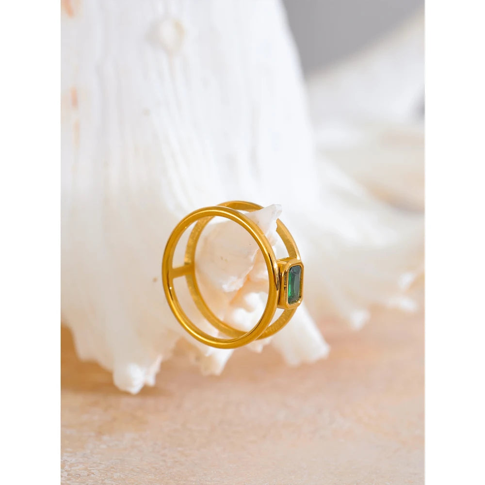 Gold Double Band Ring with Emerald Green Stone