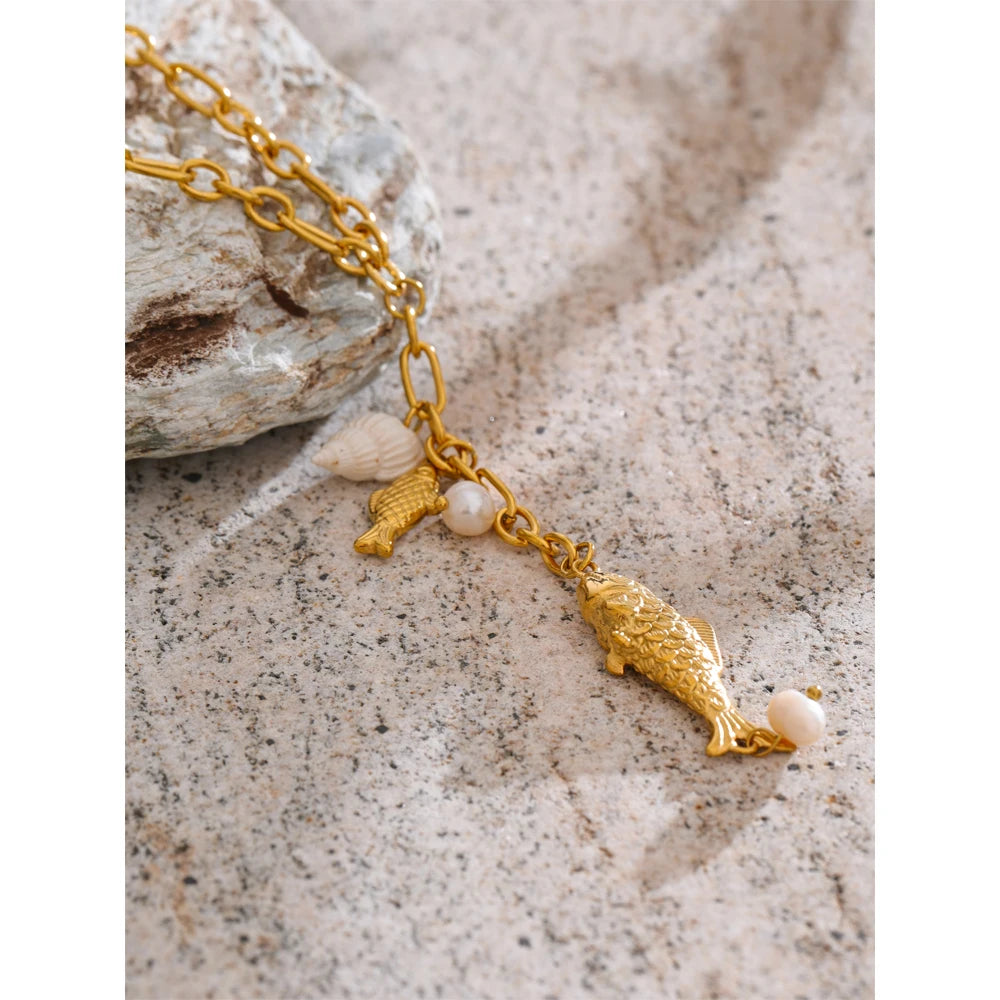 Gold Fish Charm Drop Necklace