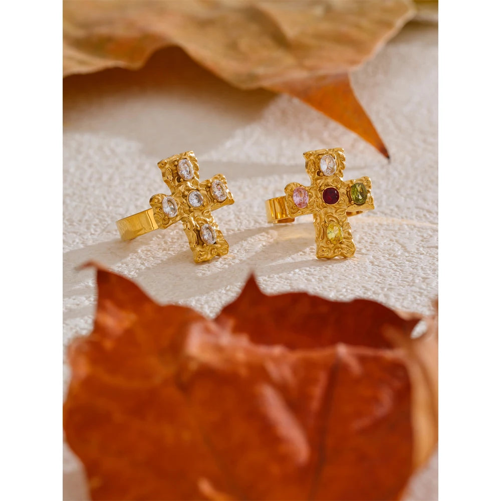 Gold Cross Crystal Statement Ring