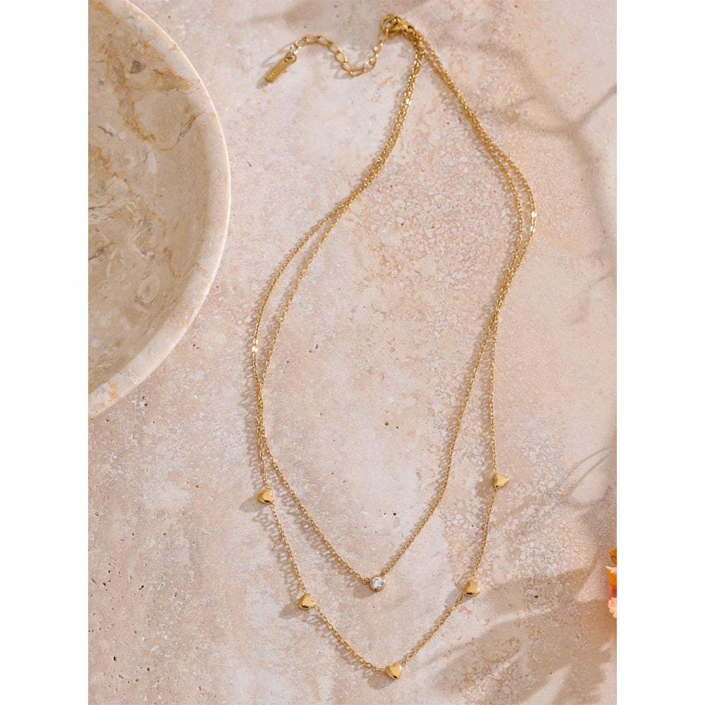 Layered Gold Heart Necklace with Crystal Accent