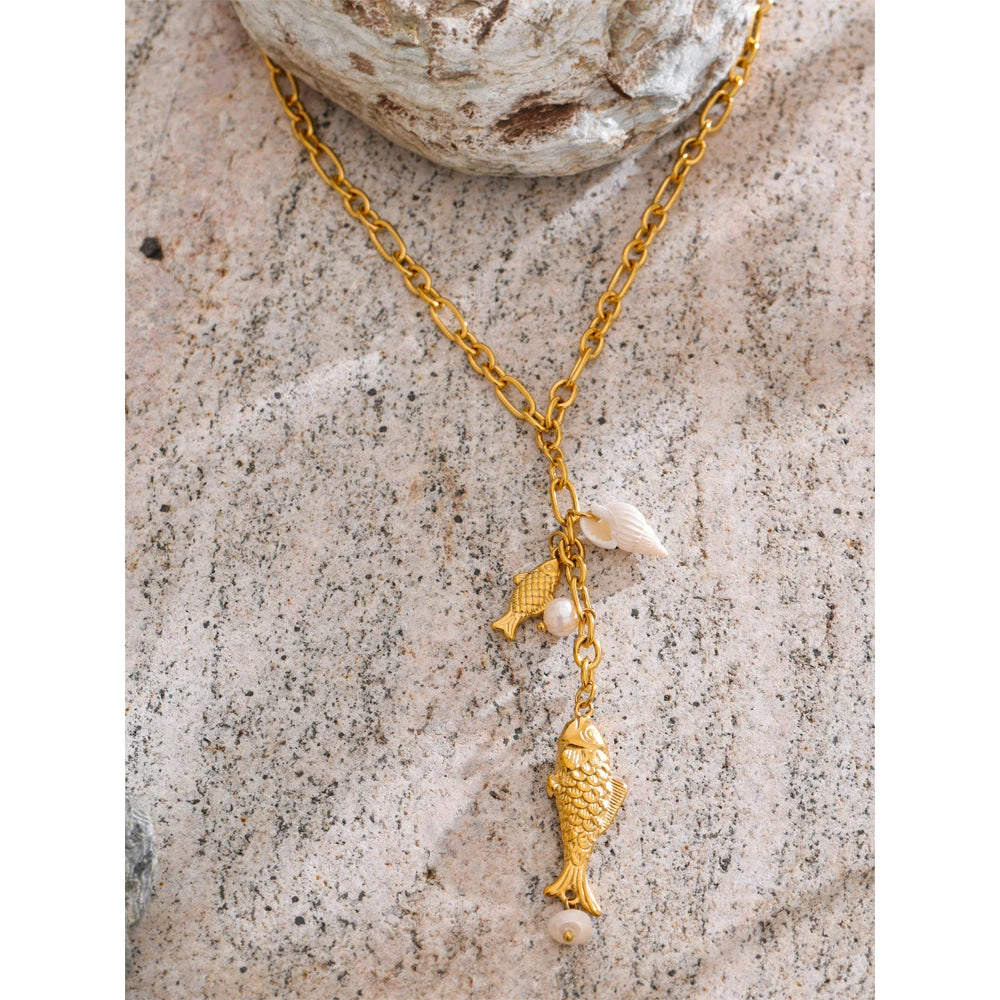 Gold Fish Charm Drop Necklace