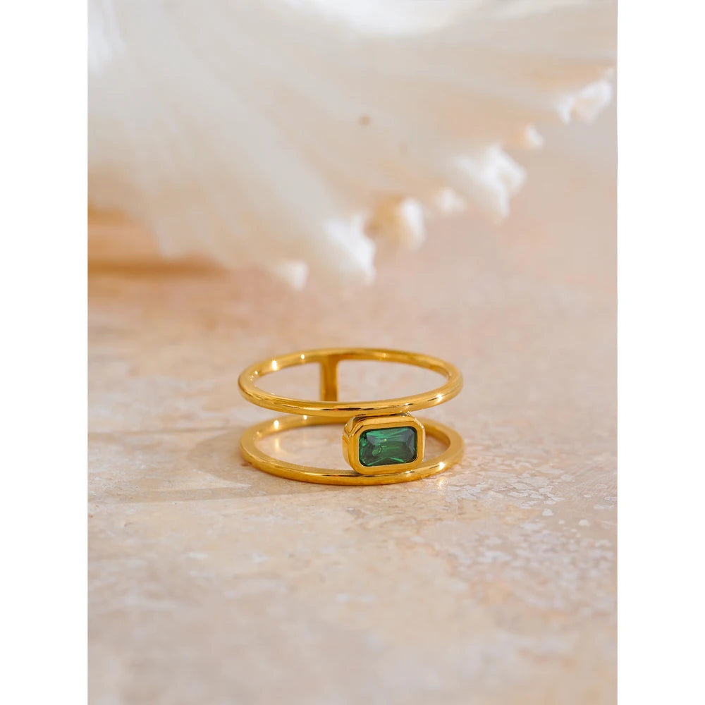 Gold Double Band Ring with Emerald Green Stone