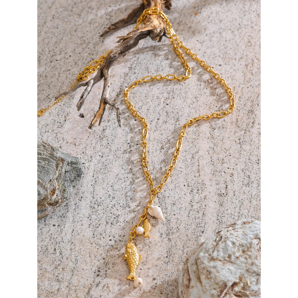 Gold Fish Charm Drop Necklace