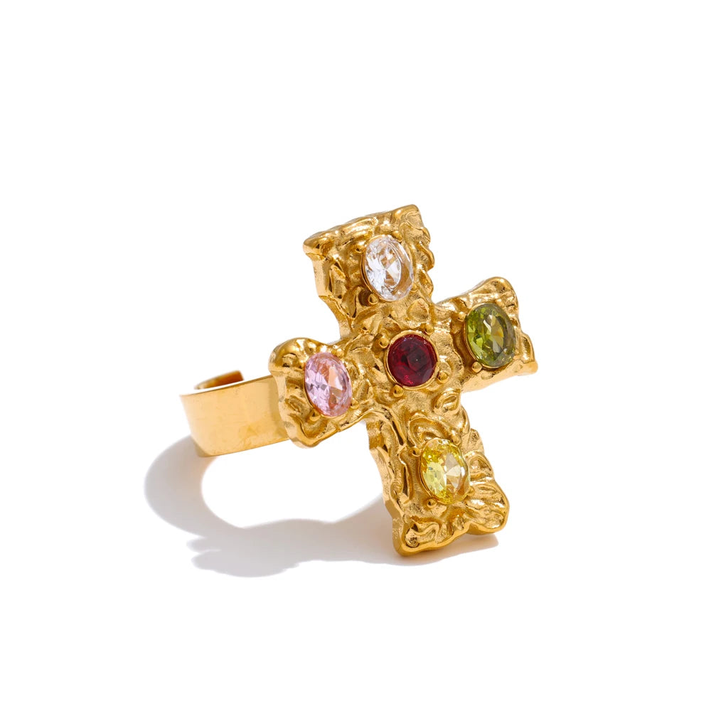 Gold Cross Crystal Statement Ring